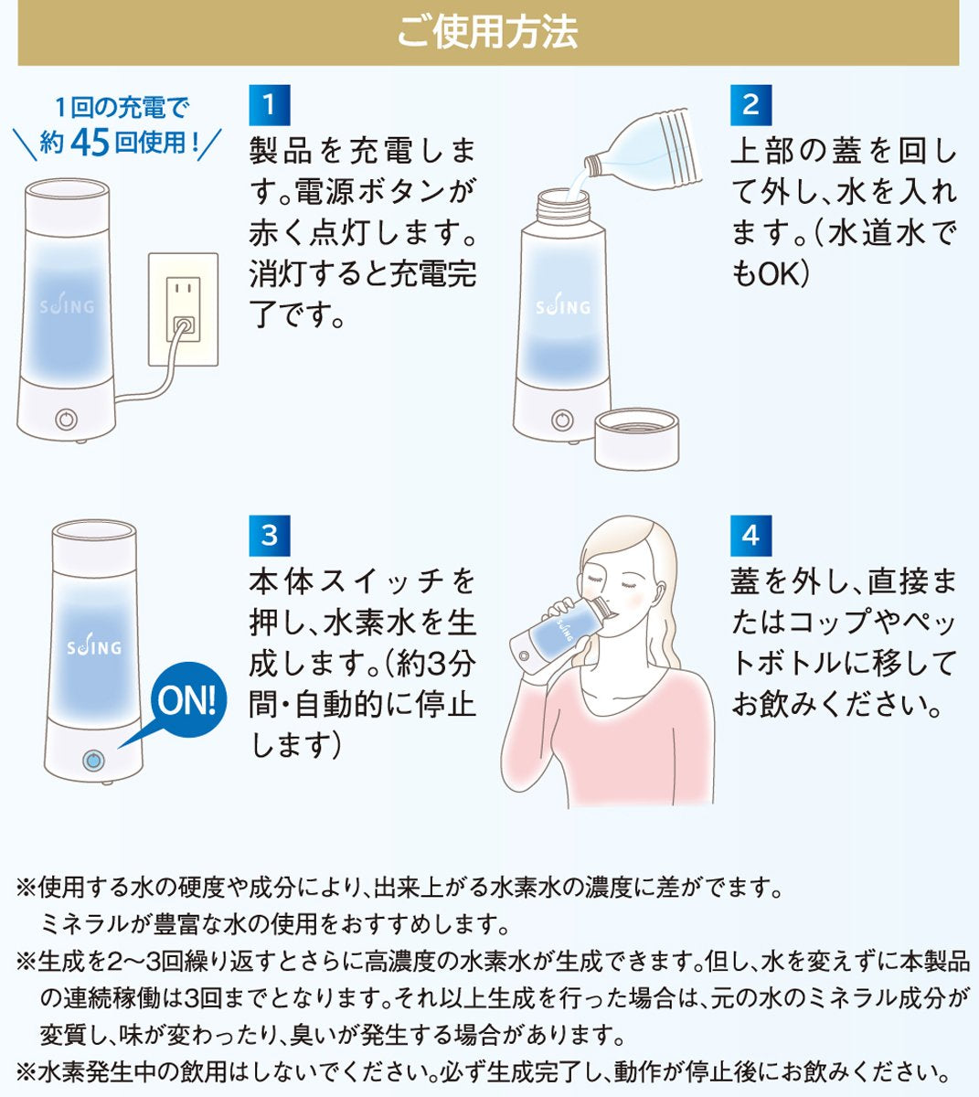 テクニカル電子 携帯用水素水生成器（充電式） 【SUING スイング】 PHM-10